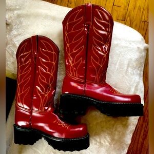 Fluevog Red Platform Cowboy Boots 9 1/2